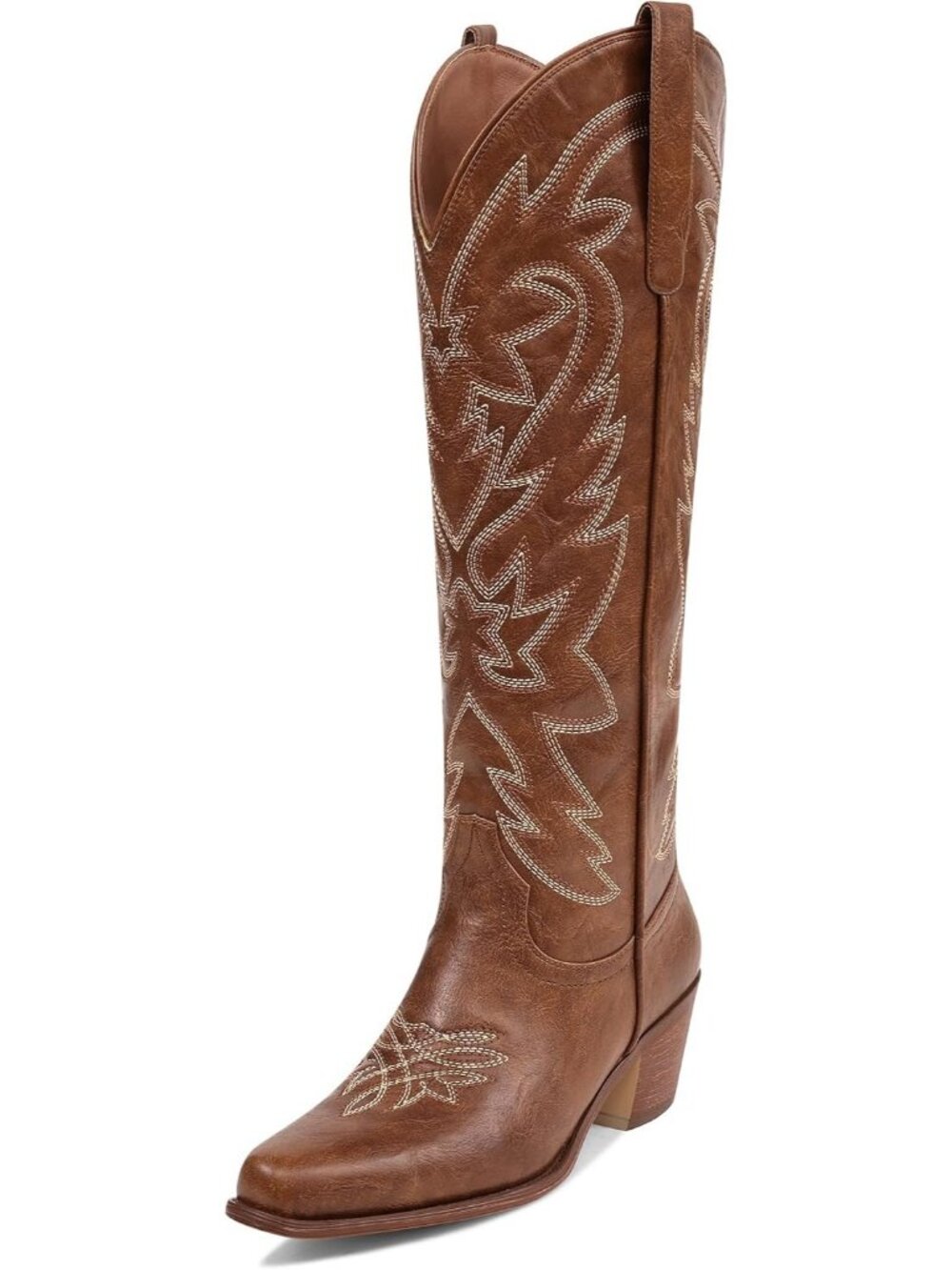 Women's Brown Knee High Tall Boots Chunky Heel Pointed Toe Pull-On Western Boots